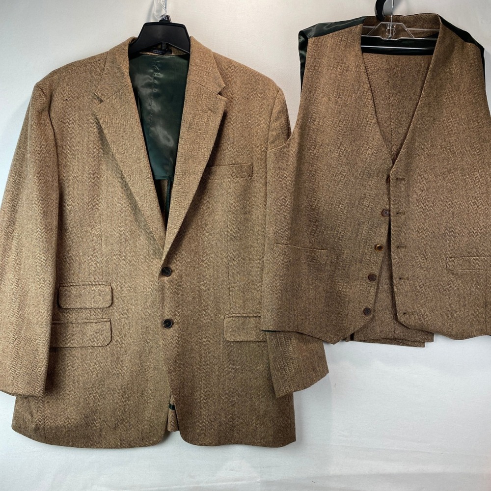 StudioSuits Bespoke 3 Piece Suit Men 48 Brown Herringbone Tweed Blazer Vest Pant